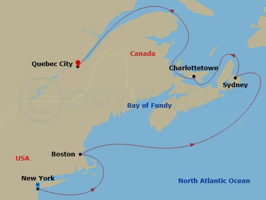 Route map: New York, NY, USA → Boston, MA, USA → Sydney, NS, Canada → Charlottetown, PE, Canada → Quebec, QC, Canada