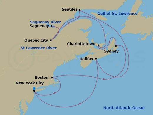 Route map: New York, NY, USA → Boston, MA, USA → Sydney, NS, Canada → Charlottetown, PE, Canada → Quebec, QC, Canada → Saguenay, QC, Canada → Sept-Iles, QC, Canada → Halifax, NS, Canada → New York, NY, USA