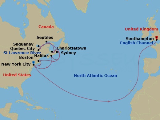 Route map: New York, NY, USA → Boston, MA, USA → Sydney, NS, Canada → Charlottetown, PE, Canada → Quebec, QC, Canada → Saguenay, QC, Canada → Sept-Iles, QC, Canada → Halifax, NS, Canada → New York, NY, USA → Southampton, England, UK