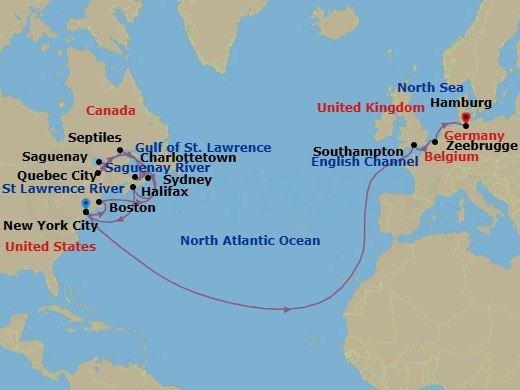 Route map: New York, NY, USA → Boston, MA, USA → Sydney, NS, Canada → Charlottetown, PE, Canada → Quebec, QC, Canada → Saguenay, QC, Canada → Sept-Iles, QC, Canada → Halifax, NS, Canada → New York, NY, USA → Southampton, England, UK