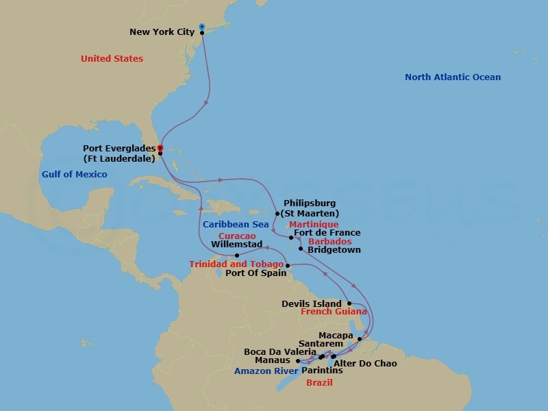Route map: New York, New York, US → Fort Lauderdale, Florida, US → Philipsburg, Sint Maarten → Fort-De-France, Martinique → Bridgetown, Barbados → Crossing the Amazon River Bar, Brazil → Macapa, Brazil → Crossing the Equator → Santarem, Brazil → Boca da Valeria, Brazil