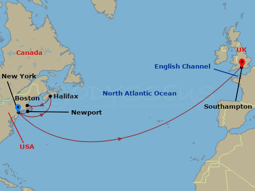 Route map: New York, NY, USA → Halifax, NS, Canada → Boston, MA, USA → New York, NY, USA → Southampton, England, UK