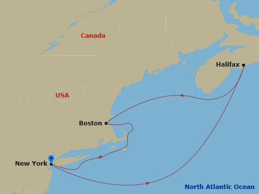 Route map: New York, NY, USA → Halifax, NS, Canada → Boston, MA, USA → New York, NY, USA