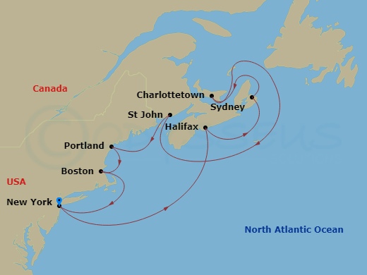 Route map: New York City, Ny → Halifax, Canada → Sydney  Cape Breton Island  Ns, Canada → Charlottetown  Prince Edward I, Canada → Saint John   Bay Of Fundy, Canada → Portland  Maine, Me → Boston, Ma → New York City, Ny