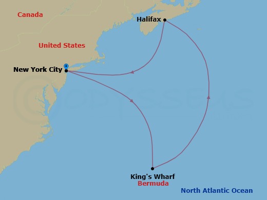 Route map: New York City → Lima (Callao) → Halifax → New York City