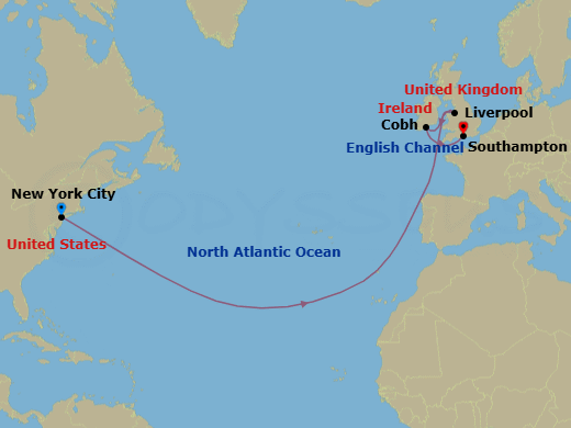 Route map: New York, NY, USA → Liverpool, England, UK → Cobh (tours to Cork), Ireland → Southampton, England, UK