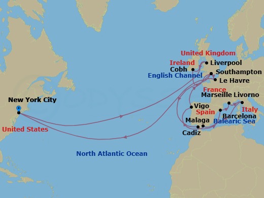 Route map: New York, NY, USA → Liverpool, England, UK → Cobh (tours to Cork), Ireland → Southampton, England, UK → Cadiz (tours to Seville), Spain → Barcelona, Spain → Marseille, France → Livorno (tours to Florence or Pisa), Italy → Malaga (tours to Granada), Spain → Vigo (tours to Santiago de Compostela), Spain