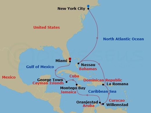 Route map: New York → Nassau → La Romana → Willemstad → Oranjestad → Montego Bay → George Town → Miami