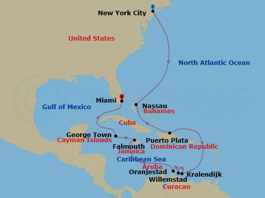 Route map: New York → Nassau → Puerto Plata → Kralendijk → Willemstad → Oranjestad → Falmouth → George Town → Miami