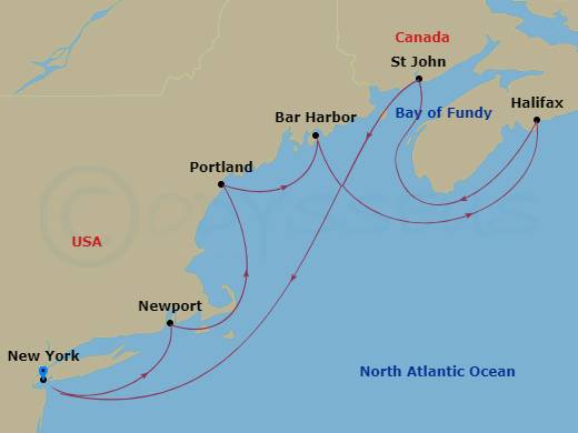Route map: New York City, Ny → Boston, Ma → Portland  Maine, Me → Halifax, Canada → Saint John   Bay Of Fundy, Canada → New York City, Ny