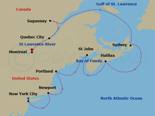 Route map: New York → Newport → Portland → Saint John (Bay Of Fundy) → Halifax → Sydney → Saguenay → Quebec City → Montreal