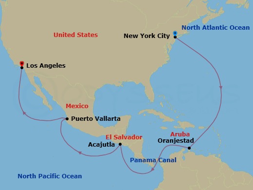 Route map: New York, NY, USA → Oranjestad, Aruba → Transit the Panama Canal,     Panama (Full Transit) → Acajutla, El Salvador → Puerto Vallarta, Mexico → Los Angeles, CA, USA