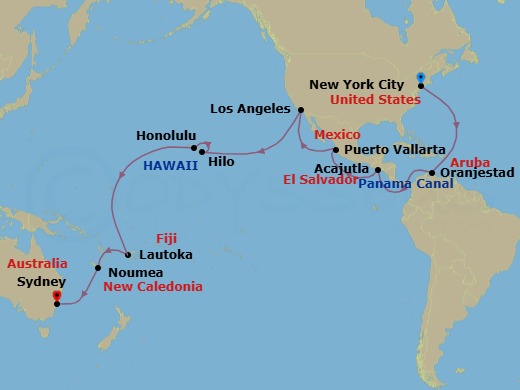 Route map: New York, NY, USA → Oranjestad, Aruba → Transit the Panama Canal,     Panama (Full Transit) → Acajutla, El Salvador → Puerto Vallarta, Mexico → Los Angeles, CA, USA → Hilo, HI, USA → Honolulu, HI, USA → Cross International Date Line (Cruise-by) → Lautoka, Fiji