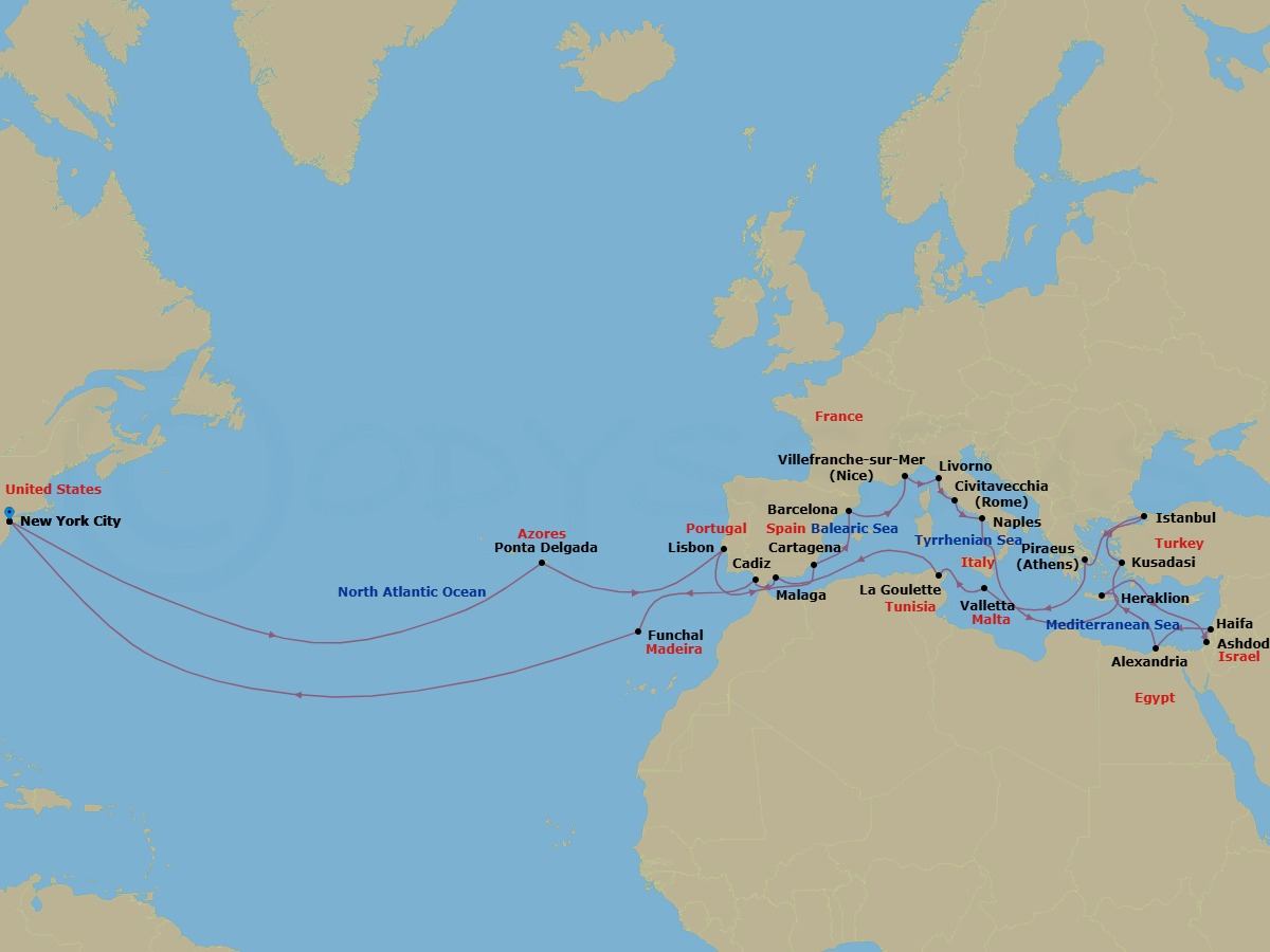 Route map: New York, New York, US → Ponta Delgada, Sao Miguel, Azores, Portugal → Lisbon, Portugal → Cartagena, Spain → Barcelona, Spain → Villefranche-sur-Mer (Nice), France → Livorno (Florence/Pisa), Italy → Civitavecchia (Rome), Italy → Naples (Pompeii/Amalfi), Italy → Iraklion (Crete), Greece
