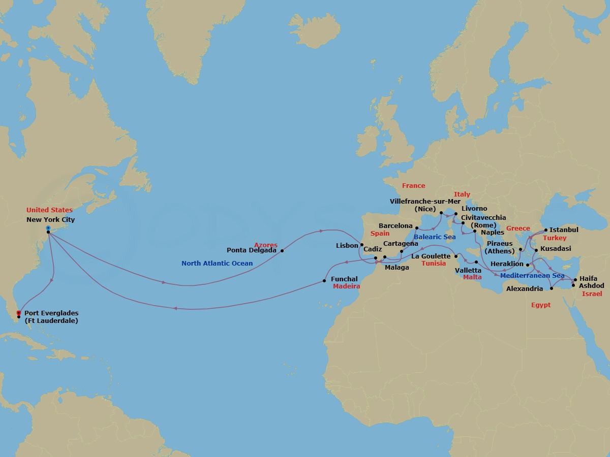 Route map: New York, New York, US → Ponta Delgada, Sao Miguel, Azores, Portugal → Lisbon, Portugal → Cartagena, Spain → Barcelona, Spain → Villefranche-sur-Mer (Nice), France → Livorno (Florence/Pisa), Italy → Civitavecchia (Rome), Italy → Naples (Pompeii/Amalfi), Italy → Iraklion (Crete), Greece
