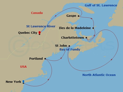 Route map: New York City → Portland → Saint John (Bay Of Fundy) → Charlottetown (Prince Edward Island) → Iles De La Madeleine → Gaspe → Quebec City