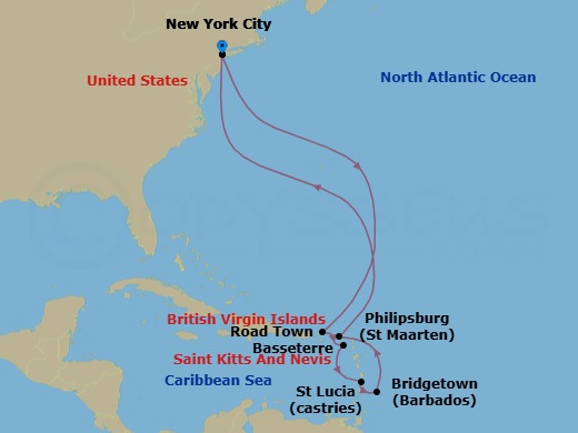 Route map: New York, NY, USA → Road Town, Tortola → Basseterre, St Kitts → Castries, St Lucia → Bridgetown, Barbados → Philipsburg, St Maarten → New York, NY, USA