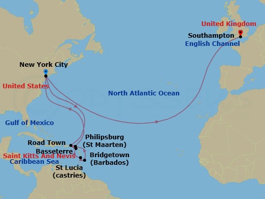 Route map: New York, NY, USA → Road Town, Tortola → Basseterre, St Kitts → Castries, St Lucia → Bridgetown, Barbados → Philipsburg, St Maarten → New York, NY, USA → Southampton, England, UK