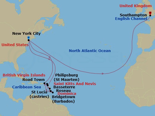 Route map: New York, NY, USA → Road Town, Tortola → Philipsburg, St Maarten → Bridgetown, Barbados → Castries, St Lucia → Roseau, Dominica → Basseterre, St Kitts → New York, NY, USA → Southampton, England, UK