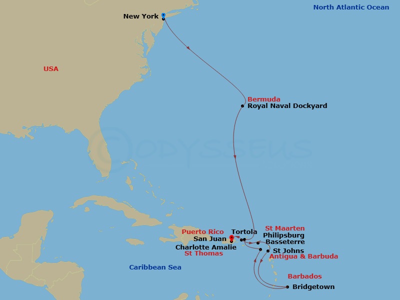 Route map: New York City, Ny → Royal Naval Dockyard, Bermuda → Tortola, British Virgin Islands → Basseterre, Saint Kitts - Nevis → Bridgetown, Barbados → St  Johns  Antigua → Philipsburg St  Maarten, Netherland Antilles → St Thomas, Vi → San Juan, Pr