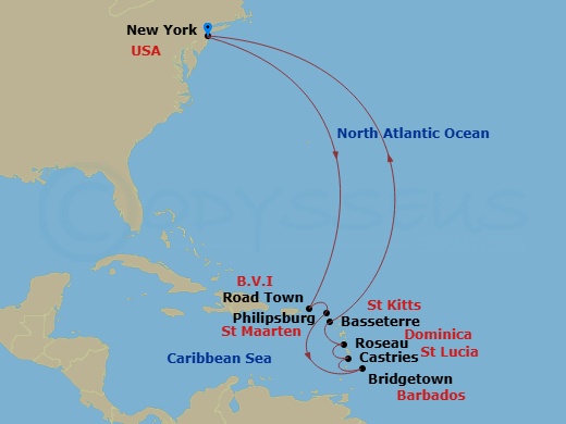 Route map: New York, NY, USA → Road Town, Tortola → Philipsburg, St Maarten → Bridgetown, Barbados → Castries, St Lucia → Roseau, Dominica → Basseterre, St Kitts → New York, NY, USA