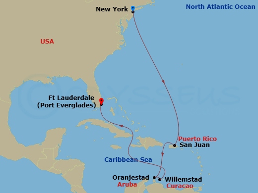 Route map: New York City (Manhattan or Brooklyn), New York → San Juan, Puerto Rico → Aruba → Curacao → Ft. Lauderdale, Florida