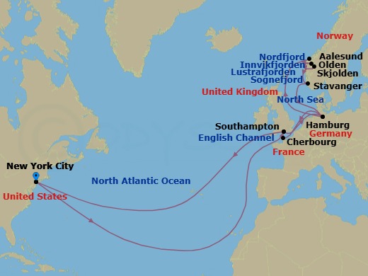 Route map: New York, NY, USA → Southampton, England, UK → Hamburg, Germany → Alesund, Norway → Olden, Norway → Skjolden, Norway → Stavanger, Norway → Hamburg, Germany → Cherbourg, France → Southampton, England, UK