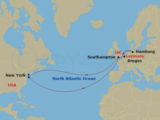 Route map: New York, NY, USA → Southampton, England, UK → Hamburg, Germany → Zeebrugge (tours to Bruges), Belgium → Southampton, England, UK → New York, NY, USA