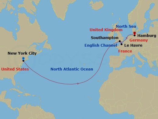 Route map: New York, NY, USA → Southampton, England, UK → Le Havre, France → Hamburg, Germany