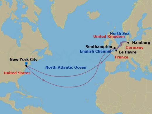 Route map: New York, NY, USA → Southampton, England, UK → Le Havre, France → Hamburg, Germany → Southampton, England, UK → New York, NY, USA