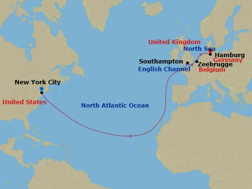 Route map: New York, NY, USA → Southampton, England, UK → Zeebrugge (tours to Bruges), Belgium → Hamburg, Germany