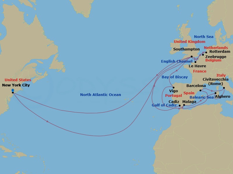 Route map: New York, NY, USA → Southampton, England, UK → Zeebrugge (tours to Bruges), Belgium → Rotterdam, Netherlands → Le Havre, France → Southampton, England, UK → Vigo (tours to Santiago de Compostela), Spain → Barcelona, Spain → Civitavecchia (tours to Rome),Italy → Alghero, Sardinia, Italy