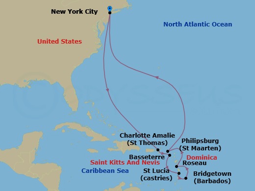 Route map: New York, NY, USA → St Thomas, Virgin Islands, U.S → Basseterre, St Kitts → Castries, St Lucia → Bridgetown, Barbados → Roseau, Dominica → Philipsburg, St Maarten → New York, NY, USA