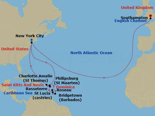 Route map: New York, NY, USA → St Thomas, Virgin Islands, U.S → Basseterre, St Kitts → Castries, St Lucia → Bridgetown, Barbados → Roseau, Dominica → Philipsburg, St Maarten → New York, NY, USA → Southampton, England, UK