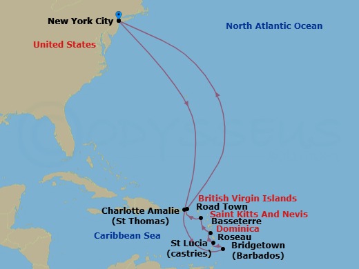 Route map: New York, NY, USA → St Thomas, Virgin Islands, U.S → Bridgetown, Barbados → Castries, St Lucia → Roseau, Dominica → Basseterre, St Kitts → Road Town, Tortola → New York, NY, USA