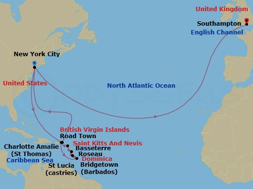 Route map: New York, NY, USA → St Thomas, Virgin Islands, U.S → Bridgetown, Barbados → Castries, St Lucia → Roseau, Dominica → Basseterre, St Kitts → Road Town, Tortola → New York, NY, USA → Southampton, England, UK