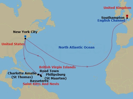 Route map: New York, NY, USA → St Thomas, Virgin Islands, U.S → Road Town, Tortola → Basseterre, St Kitts → Philipsburg, St Maarten → New York, NY, USA → Southampton, England, UK