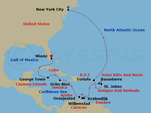 Route map: New York → Tortola → St. John's → Basseterre → Kralendijk → Willemstad → Oranjestad → Ocho Rios → George Town → Miami