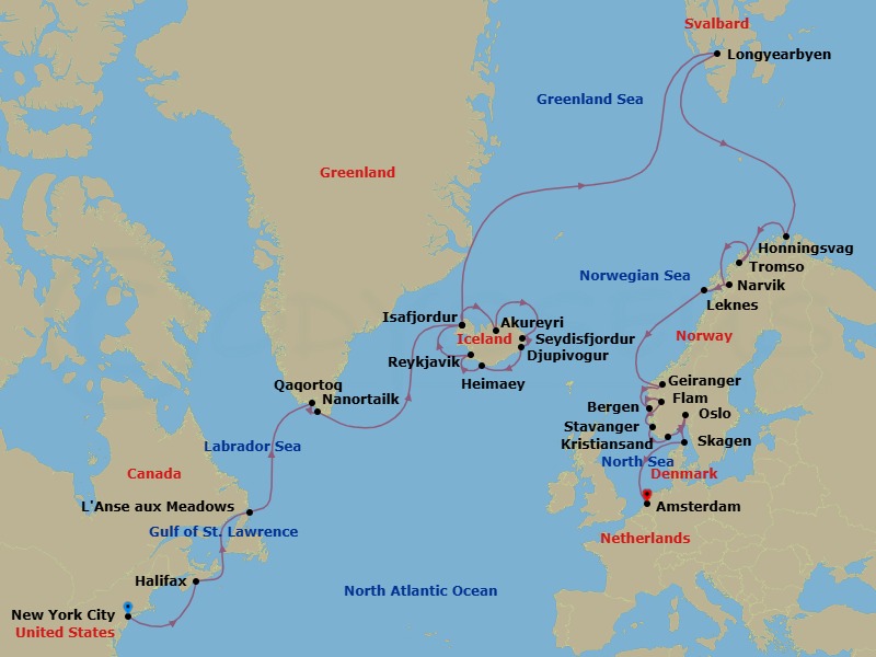 Route map: New York City New York → Halifax Nova Scotia → Lanse Aux Meadows Newfoundland → Qaqortoq → Nanortalik → Isafjordur → Akureyri → Seydisfjordur → Djupivogur → Heimaey Westman Islands