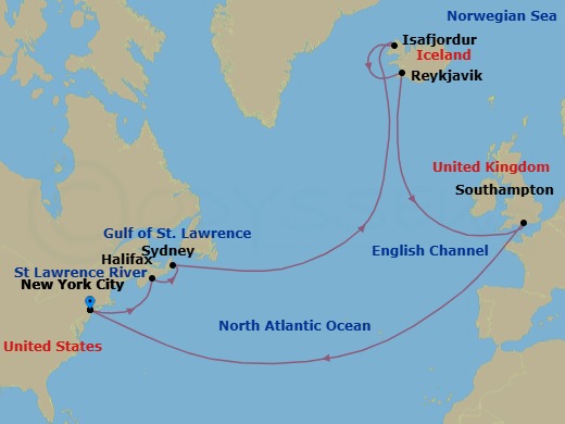Route map: New York, NY, USA → Halifax, NS, Canada → Sydney, NS, Canada → Isafjordur, Iceland → Reykjavik, Iceland → Southampton, England, UK → New York, NY, USA