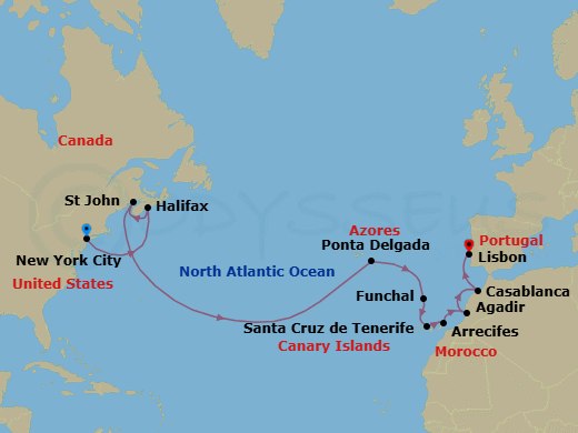 Route map: New York → Halifax → St. John's → Ponta Delgada (Azores) → Funchal (Madeira) → Santa Cruz De Tenerife → Arrecife (Lanzarote) → Agadir → Casablanca → Lisbon