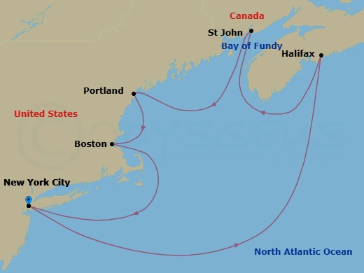 Route map: New York City, Ny → Halifax, Canada → Saint John   Bay Of Fundy, Canada → Portland  Maine, Me → Boston, Ma → New York City, Ny