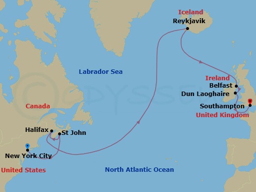 Route map: New York → Halifax → St. John's → Reykjavik → Belfast → Dun Laoghaire → London (Southampton)