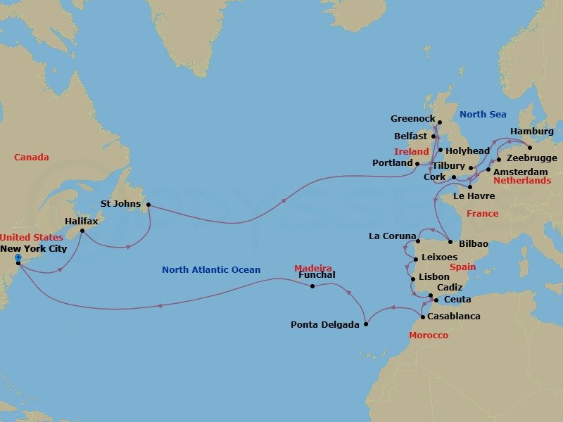 Route map: New York City (Manhattan or Brooklyn), New York → Halifax, Canada → St Johns (Newfoundland), Canada → Cork, Ireland (Cobh - For Blarney Castle) → Holyhead, Wales → Glasgow (Greenock), Scotland → Belfast, Northern Ireland → Portland, England → Tilbury, England → Hamburg, Germany (for Berlin)
