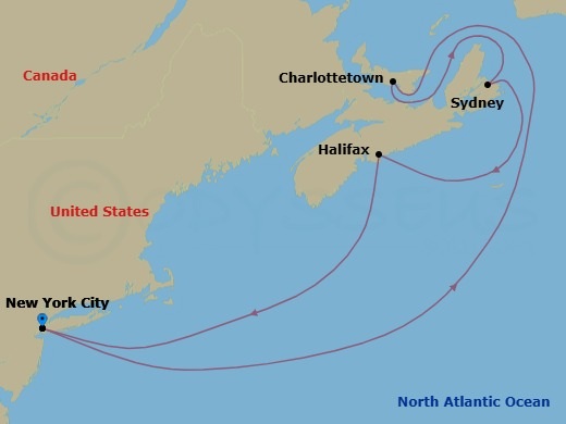 Route map: Port Of New York → Charlottetown → Sydney → Halifax → Port Of New York
