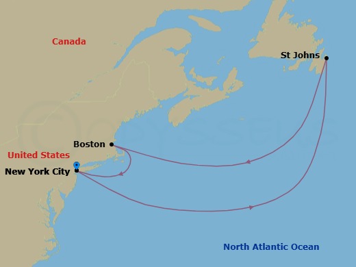 Route map: New York City → St Johns → Boston → New York City