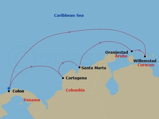 Route map: Colon, Panama → Cartagena, Colombia → Santa Marta, Colombia → Oranjestad, Aruba → Willemstad, Curacao → Colon, Panama