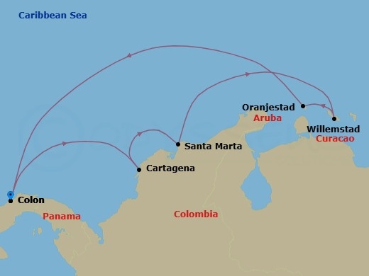 Route map: Colon, Panama → Cartagena, Colombia → Santa Marta, Colombia → Willemstad, Curacao → Oranjestad, Aruba → Colon, Panama