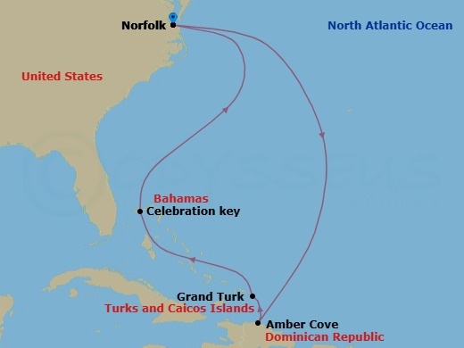 Route map: Norfolk, Va → Amber Cove, Dominican Republic → Grand Turk → Celebration Key, The Bahamas → Norfolk, Va