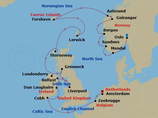 Route map: Oslo → Mandal → Sandnes → Bergen → Geiranger → Alesund → Torshavn (Faroe Islands) → Lerwick (Shetland Islands) → Stornoway (Hebrides) → Londonderry